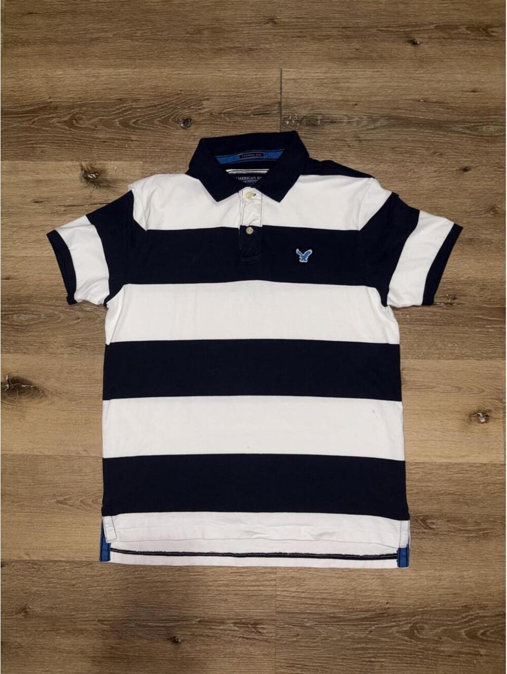 American Eagle Navy & White Striped Polo Shirt